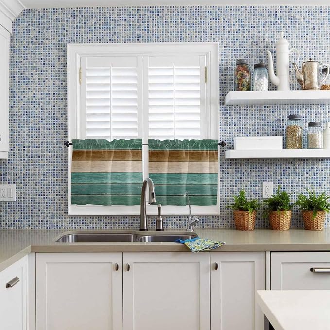 Vintage Plank Turquoise Brown Window Valance Curtains, Farmhouse Wood Grain Light Filtering Kitchen Valance with 3-inch Rod Pocket for Living Room Bathroom Bedroom,2 Panel,27.5x24In