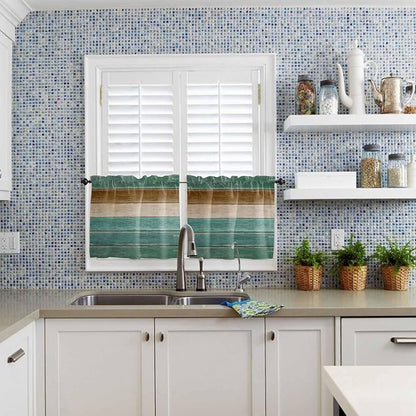 Vintage Plank Turquoise Brown Window Valance Curtains, Farmhouse Wood Grain Light Filtering Kitchen Valance with 3-inch Rod Pocket for Living Room Bathroom Bedroom,2 Panel,27.5x24In
