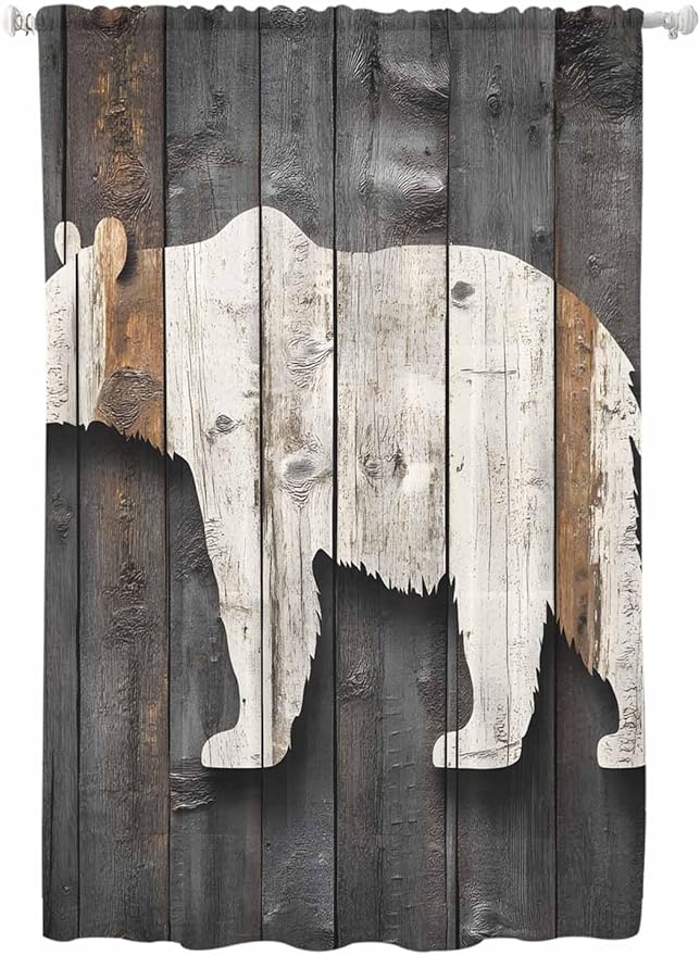 Sheer Curtains 63 Inch Length, Vintage White Brown Bear Semi Sheer Curtains Light Filtering Window Treatment, Retro Country Rustic Wood Grain Privacy Voile Drapes for Living Room Bedroom 52x63 Inch