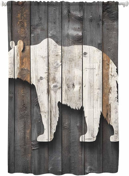 Sheer Curtains 63 Inch Length, Vintage White Brown Bear Semi Sheer Curtains Light Filtering Window Treatment, Retro Country Rustic Wood Grain Privacy Voile Drapes for Living Room Bedroom 52x63 Inch