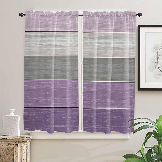 Country Wood Board Gray Purple Window Valance Curtains, Farmhouse Gradient Plank Light Filtering Kitchen Valance with 3-inch Rod Pocket for Living Room Bathroom Bedroom,2 Panel,42x63In