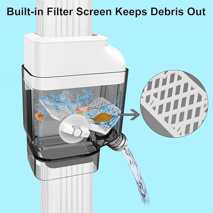 Gutter Downspout Diverter with Built-in Filter Screen Fits for 2"x3" and 3"x4" Downspout, Rainwater Collection System with Adjustable Valve and 4ft. Hose, Diverts Large Water Flow, White