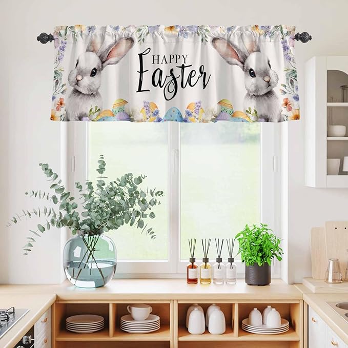 Happy Easter Kitchen Curtains Set 3 Piece for Windows,Rod Pocket Valance and Tier Set 24 Inch Length,Spring Grey Bunny Colorful Eggs Flower Beige Light Filtering Cafe Curtains for Living Room