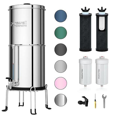 Purewell 6-Stage Alkaline Water Filter System, 0.01μm Ultra-Filtration Countertop System with 4 Filters, Metal Water Level Spigot and Stand, pH 8-9, 2.25G, PW-OB-PH
