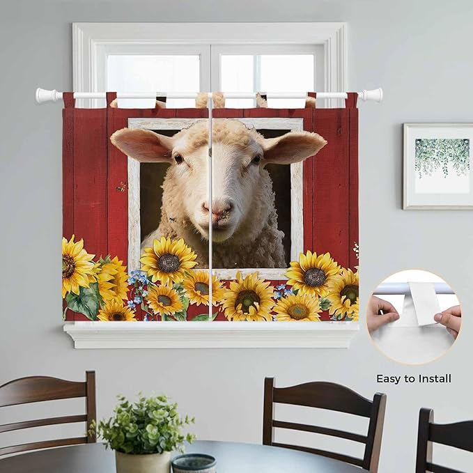 Sheep Sunflower Bedroom Curtains 63 Inch Length, Window Curtains Tab Top, Country Red Farm Barn Spring Flowers Light Filtering Window Treatments Drapes 42"x63" 2 Panel