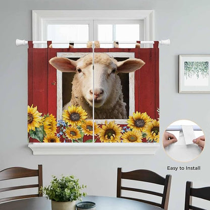 Sheep Sunflower Kitchen Curtains 45 Inch Length, Short Cafe Window Curtains Tab Top, Country Red Farm Barn Spring Flowers Light Filtering Window Treatments Tier Drapes 27.5"x45" 2 Panel