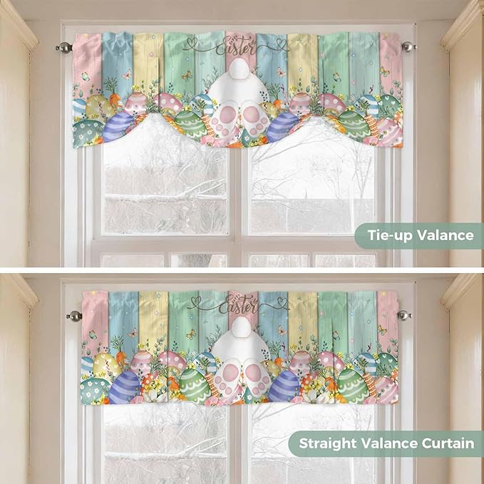 Easter Tie Up Valance Curtains for Windows, Kitchen Curtains Window Shades, Spring Rabbit Ears Foot Eggs Floral Wooden Grain Light Filtering Roman Curtain Valances for Bedroom/Bathroom/Cafe 54"x18"
