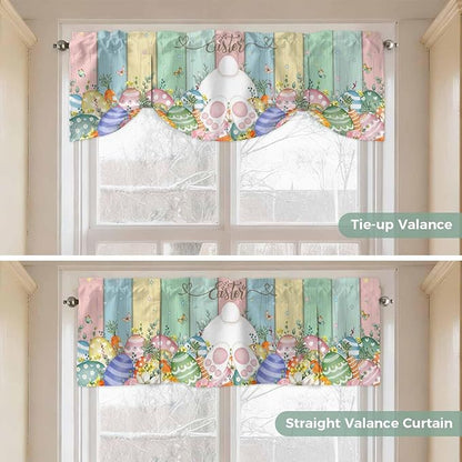 Easter Tie Up Valance Curtains for Windows, Kitchen Curtains Window Shades, Spring Rabbit Ears Foot Eggs Floral Wooden Grain Light Filtering Roman Curtain Valances for Bedroom/Bathroom/Cafe 54"x18"