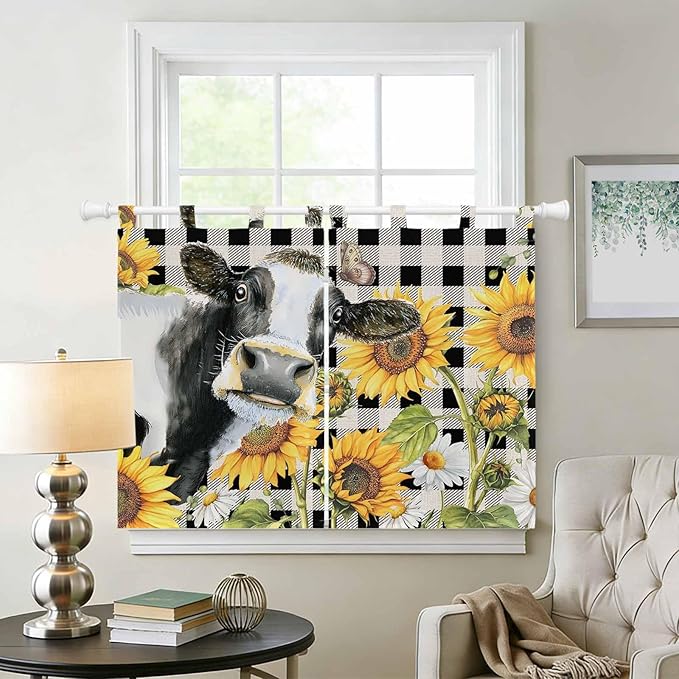 Retro Sunflowers Bedroom Curtains 63 Inch Length, Window Curtains Tab Top, Farmhouse Floral Cow Butterfly Black Plaid Light Filtering Window Treatments Drapes 42"x63" 2 Panel