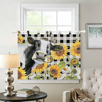 Retro Sunflowers Bedroom Curtains 63 Inch Length, Window Curtains Tab Top, Farmhouse Floral Cow Butterfly Black Plaid Light Filtering Window Treatments Drapes 42"x63" 2 Panel