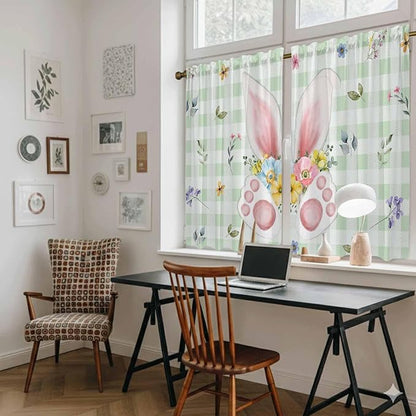 Easter Kitchen Curtains 45 Inch Long 2 Panel Set, Rod Pocket Window Treatment, Spring Bunny Ears Feet Flowers Green Plaid Light Filtering Panels Short Drapes for Bathroom Camper 42"W x 45"L