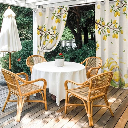 Summer Outdoor Curtains for Patio Lemon Gnome Leaf Linen Texture Waterproof Outside Curtains with Grommet Top Weatherproof Curtain for Cabana Pergola Gazebo, 1 Panel, 54" W x 95" L