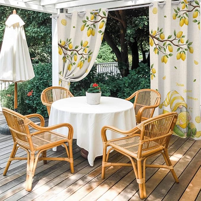 Summer Outdoor Curtains for Patio Lemon Gnome Leaf Linen Texture Waterproof Outside Curtains with Grommet Top Weatherproof Curtain for Cabana Pergola Gazebo, 1 Panel, 54" W x 84" L