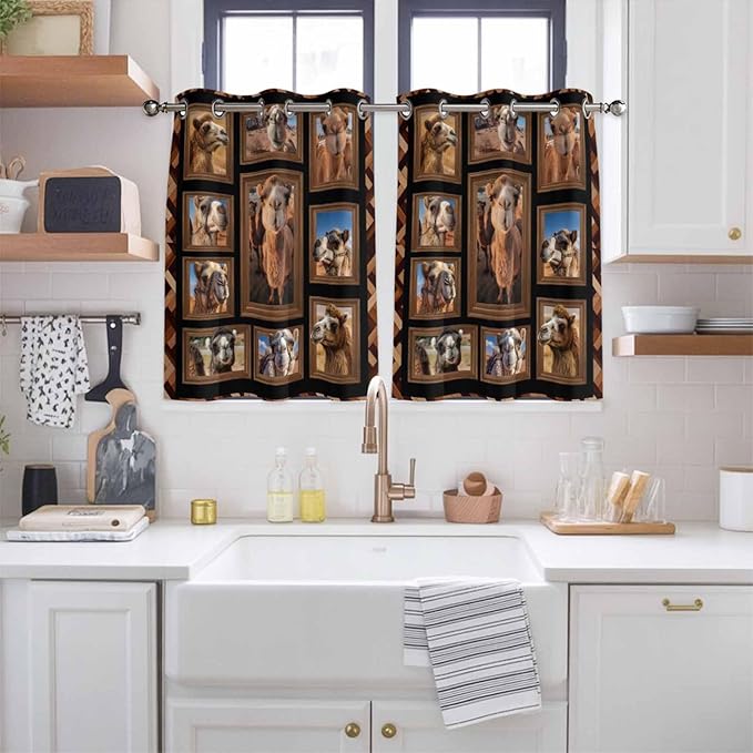 2 Panel Kitchen Cafe Curtains, Desert Camels Sunlight Filtering Nature Air Through, Home Decor Window Covering Tier Curtains for Bedroom Living Room Brown Wildlife Farmhouse Animals Rustic