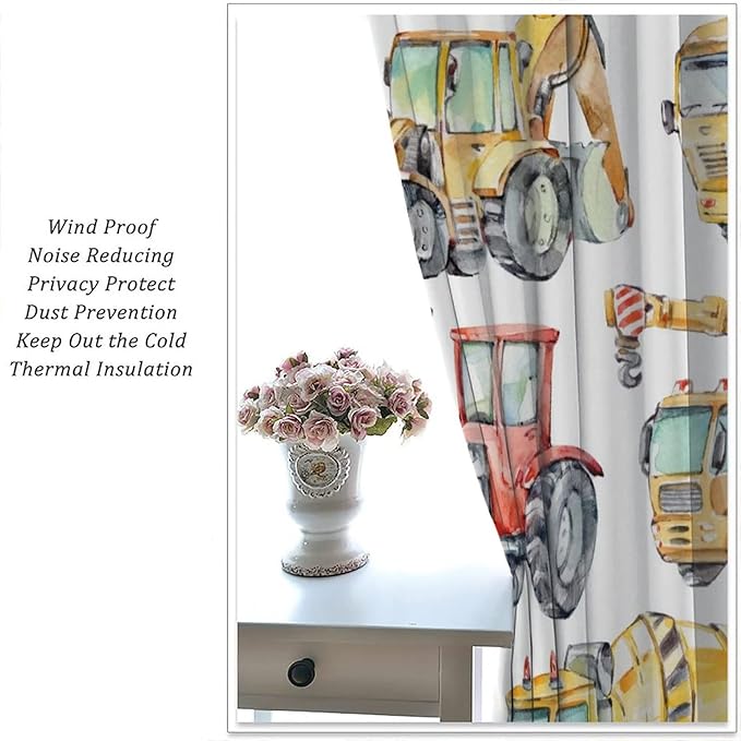 Kids Excavator Curtains, Retro Truck Tractor Machinery Construction Vehicle Crane Digger Mixer Rod Pocket Decorative Windows Curtain for Teens Girls Boys Room 63x72in (30% Blackout)
