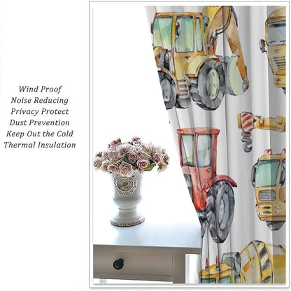 Kids Excavator Curtains, Retro Truck Tractor Machinery Construction Vehicle Crane Digger Mixer Rod Pocket Decorative Windows Curtain for Teens Girls Boys Room 63x72in (30% Blackout)