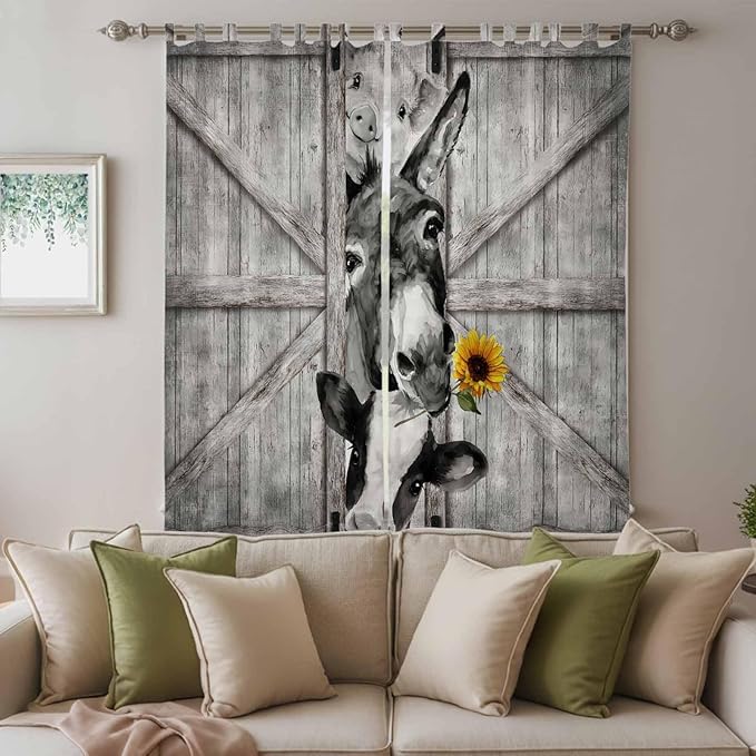 Funny Farm Animals Living Room Curtains 84 Inch Length, Window Curtains Tab Top, Vintage Barn Grey Sunflowers Light Filtering Window Treatments Drapes 52"x84" 2 Panel