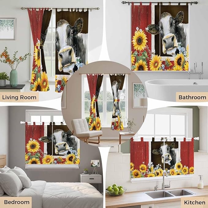 Cows Sunflowers Kitchen Curtains 36 Inch Length, Small Window Curtains Tab Top, Rustic Farms Barns Flowers Bees Animals Light Filtering Short Window Treatments Tier Drapes 27.5"x36" 2 Panel