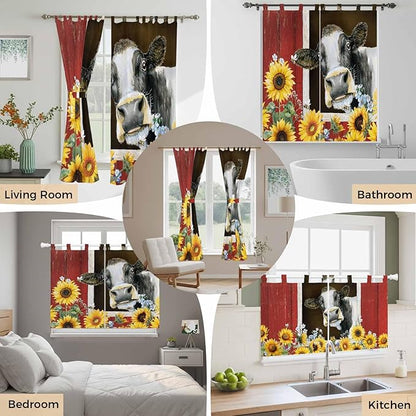 Cows Sunflowers Kitchen Curtains 36 Inch Length, Small Window Curtains Tab Top, Rustic Farms Barns Flowers Bees Animals Light Filtering Short Window Treatments Tier Drapes 27.5"x36" 2 Panel