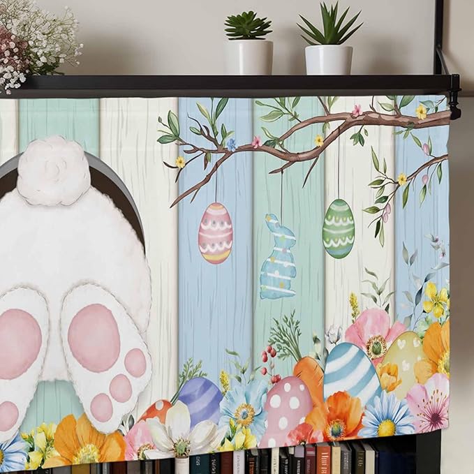 Easter Curtain Valances for Windows, Kitchen Valance Window Treatment, Spring Watercolor Bunny Eggs Wood Grain Teal Blue Light Filtering Block Curtains for Bathroom/Bedroom/Living Room 60'' x 18''