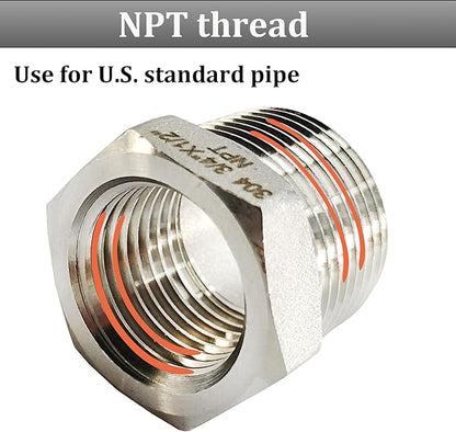 2 Pcs 304 Stainless Steel Reducer Hex Bushing, 3/4" Male NPT to 1/4" Female NPT（3/4"MNPT - 1/4"FNPT） Pipe Fitting Hex Bushing, Heavy Duty Pipe Fitting Reducer Adapter (3/4"mnpt -1/4" fnpt)