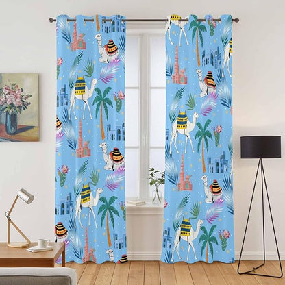 2 Panel Kitchen Cafe Curtains, Desert Landscape Sunlight Filtering Nature Air Through, Window Decor Tier Curtains for Living Room 104W x 90L inch Cute Camels Palm Trees Houses Leaves Blue