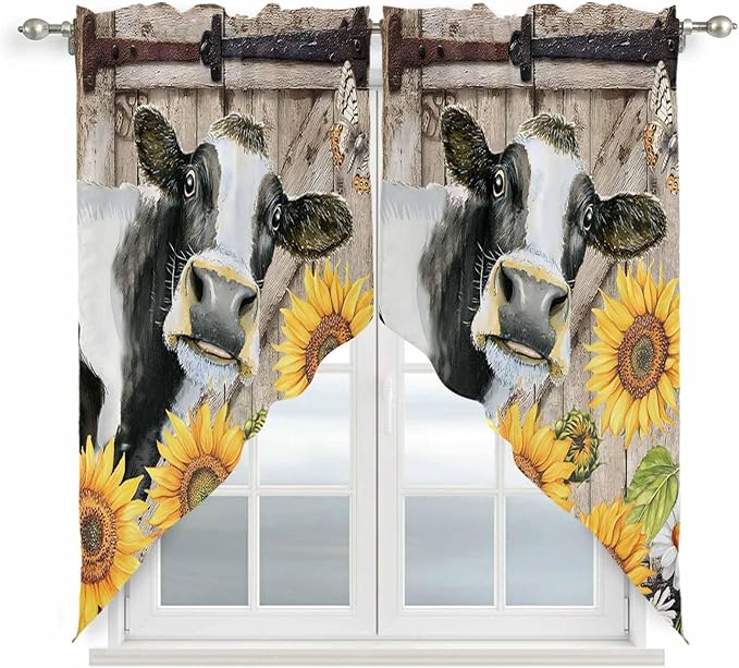 Retro Farmhouse Flower Swag Valances for Windows, Yellow Sunflowers Cow Barn Doors Brown Rod Pocket Kitchen Curtains Valance, Kitchen Window Curtains Swag for Cafe Living Room, 2 Panels, 36x63 inch