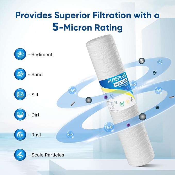 PUREPLUS 5 Micron 4.5" x 20" Whole House String Wound Sediment Filter for Well Water, Replacement Cartridge for Pentair Pentek WP5BB20P/WP25BB20P, Hydronix SWC-45-2005, SpiroPure SP-WP5-20BB, 2Pack