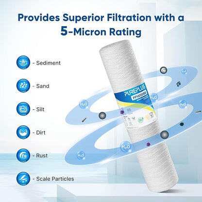 PUREPLUS 5 Micron 4.5" x 20" Whole House String Wound Sediment Filter for Well Water, Replacement Cartridge for Pentair Pentek WP5BB20P/WP25BB20P, Hydronix SWC-45-2005, SpiroPure SP-WP5-20BB, 2Pack