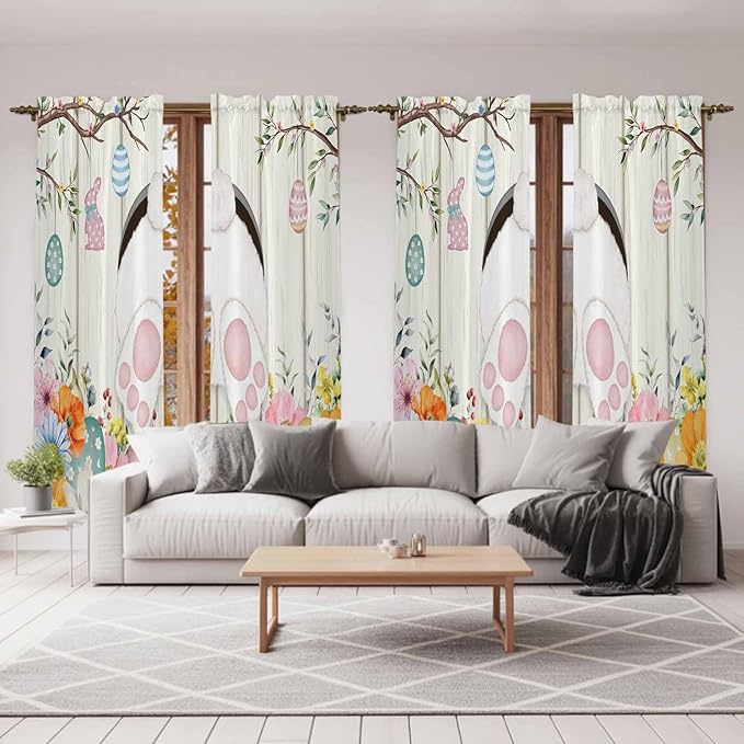 Easter Window Curtains 72 Inch Long 2 Panel Set,Rod Pocket Long Curtains & Drapes,Spring Farmhouse Watercolor Bunny Eggs Wood Grain Light Filtering Window Treatment for Bedroom Living Room 52"W x 72"L