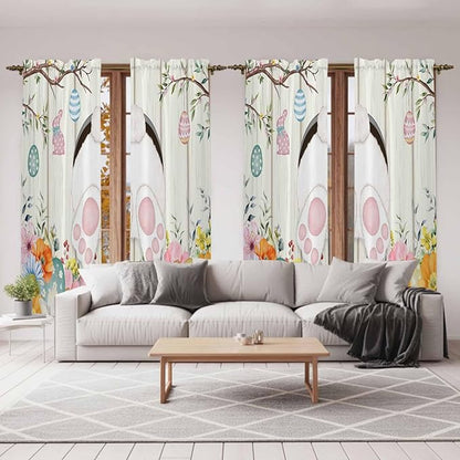 Easter Window Curtains 72 Inch Long 2 Panel Set,Rod Pocket Long Curtains & Drapes,Spring Farmhouse Watercolor Bunny Eggs Wood Grain Light Filtering Window Treatment for Bedroom Living Room 52"W x 72"L