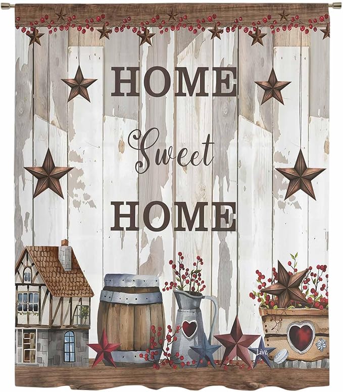 Farmhouse Sheer Curtains 63 Inch Length Retro Country Star Berry Vintage Wood Grain Chiffon Curtain for Bedroom Living Room Light Filtering Rod Pocket Window Treatments Voile Curtains Drapes