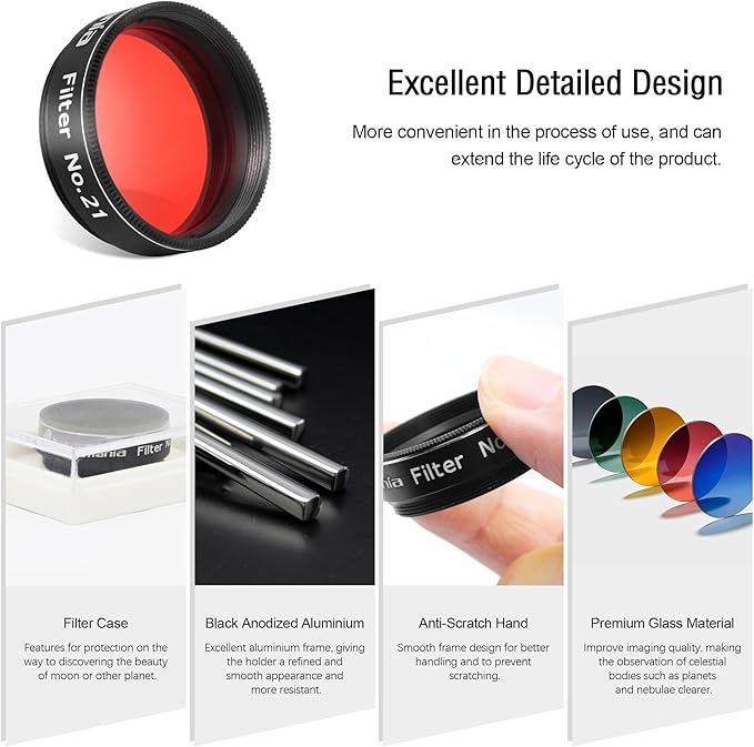 Astromania Telescope Filter, 1.25 Inches Planetary Filter for Astronomy Telescope Eyepiece, Color Filter for Enhancing Contrast in Lunar Planetary Observation - #21 Orange