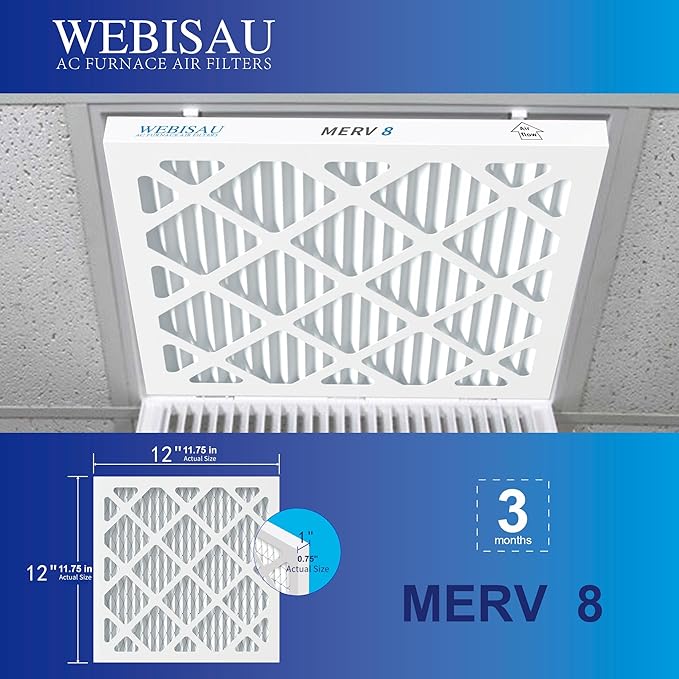 12x12x1 Air Filter MERV 8 MPR 600 2Pack Pleated HVAC Furnace AC Filters for Home Air Conditioner (Exact size: 11 3/4"x11 3/4"x 3/4")
