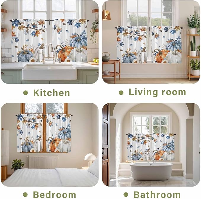 Navy Blue Pumpkin Fall Kitchen Curtains 54 Inch Long 2 Panel Set,Rod Pocket Window Curtains Panels,Thanksgiving Maple Leaves Branches Light Filtering Drapery Draperies for Bathroom Bedroom 52"W x 54"L