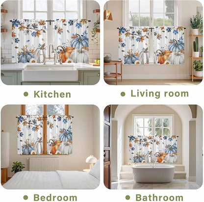 Navy Blue Pumpkin Fall Kitchen Curtains 54 Inch Long 2 Panel Set,Rod Pocket Window Curtains Panels,Thanksgiving Maple Leaves Branches Light Filtering Drapery Draperies for Bathroom Bedroom 52"W x 54"L