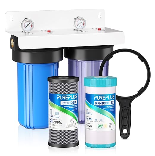PUREPLUS 2-Stage Whole House Water Filtration System, Reduces Iron, Manganese, Chlorine & Odor, 10" x 4.5" Blue Housings, 1" Inlet/Outlet, RFN Iron & Certified CTO Carbon Filters