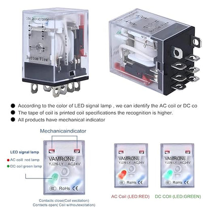Electromagnetic Power Relay, 8-Pin 10 AMP 24V AC Relay Coil with Socket Base, LED Indicator, DPDT 2NO 2NC - MY2NJ [Applicable for DIN Rail System]