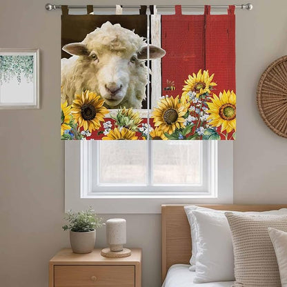 Sheep Flowers Kitchen Curtains 45 Inch Length, Short Cafe Window Curtains Tab Top, Country Red Barn Botanical Sunflowers Light Filtering Window Treatments Tier Drapes 27.5"x45" 2 Panel