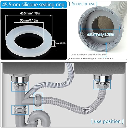6PCS Kitchen Sink Filter Sealing Ring, Flat Silicone Gasket for Drain Pipe, Waste Pipe Gasket, 1.77-inch Drain Pipe Sink Odor Collector Siphon, 45mm Inclined Sliding Joint Rubber Ring