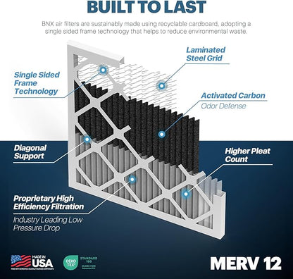 BNX TruFilter 20x25x1 MERV 12 Odor Defense (4-Pack) AC Furnace Air Filter with Activated Carbon - MADE IN USA - Pleated Air Conditioner HVAC AC Furnace Filters - Removes Odor, Mold, Bacteria, Smoke