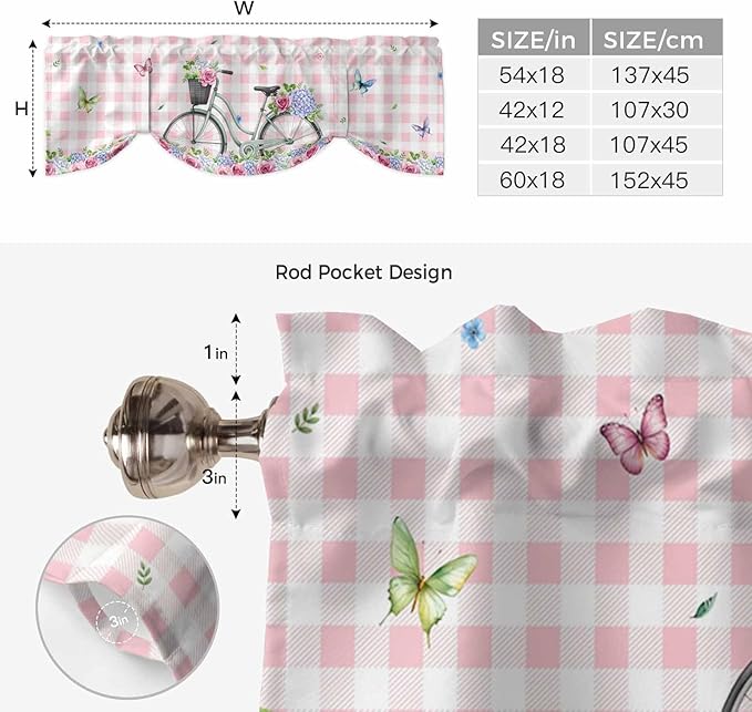 Spring Tie Up Valance Curtains for Windows, Kitchen Curtains Window Shades, Bicycles Leaves Butterfly Flowers Pink Buffalo Plaid Light Filtering Curtain Valances for Bedroom/Bathroom/Cafe 42"x18"