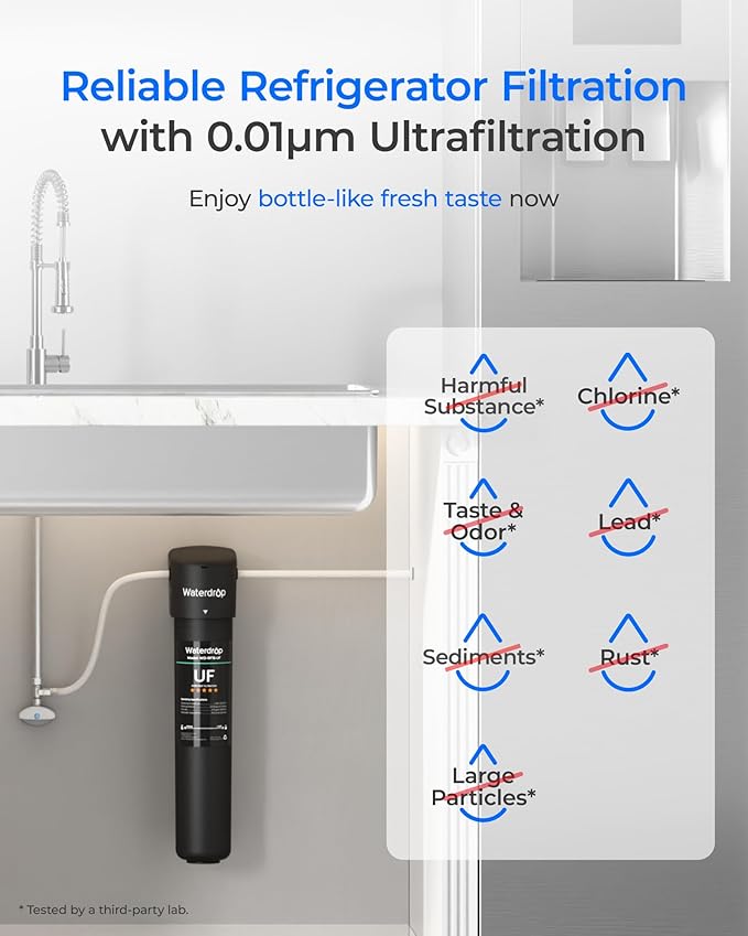 Waterdrop 15UC-UF 0.01μm Inline Water Filter for Refrigerator, 19K Gallons, In Line Water Filter for Icemaker, Idea for Ice Maker, RV, Refrigerator, 1/4 inch Direct Connect, NSF/ANSI 42 Certified