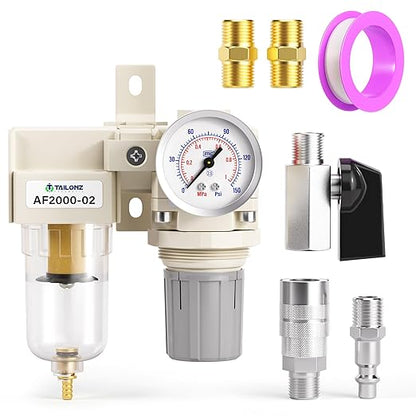 TAILONZ PNEUMATIC 1/4 Inch NPT 2 in 1 Air Filter Pressure Regulator Combo Piggyback, Air Tool Compressor Filter with Gauge AF2000+AR2000