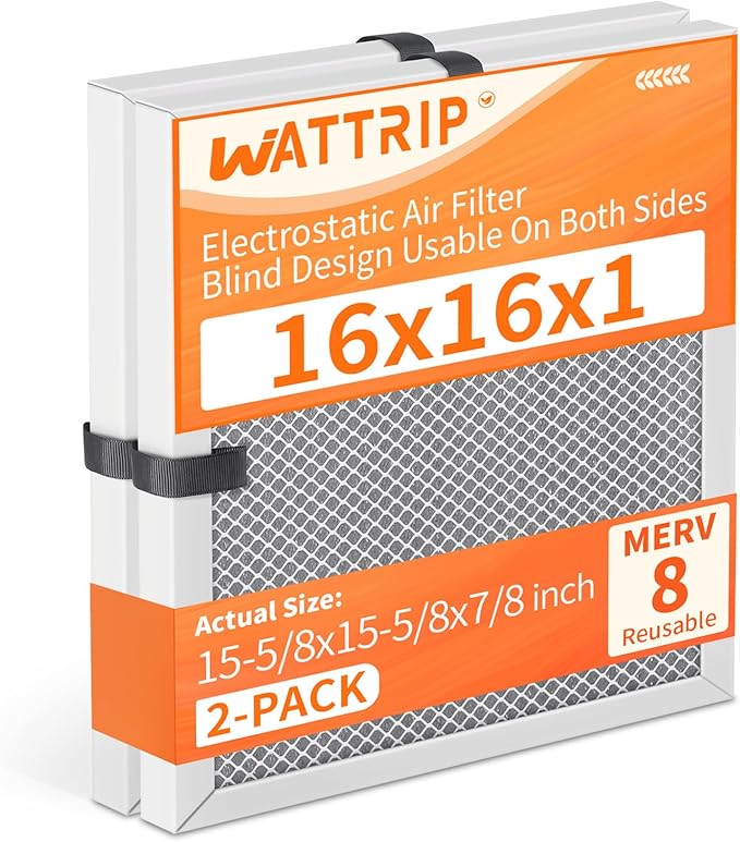 2-Pack 16x16x1 MERV 8 Reusable & Washable Electrostatic Air Filters - Long-Lasting Filter for HVAC, Furnace & Air Conditioner Units, Actual Size: 15-5/8” x 15-5/8” x 7/8”