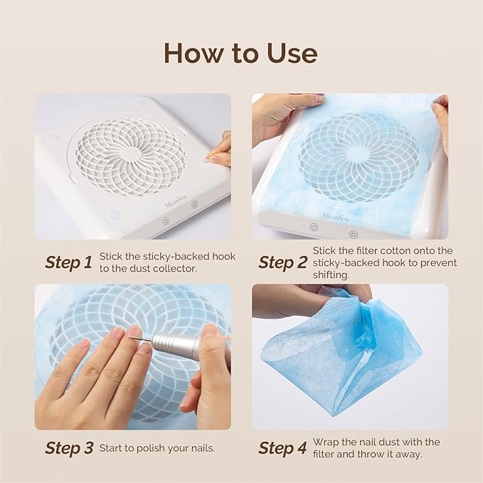 MelodySusie 200 Sheets Nail Dust Collector Filter Paper, Disposable Dust Vacuum Filter with 6pcs Sticky Back Hook for Most Nail Dust Fan Extractor Machine, Nail Tech Supplies for Salon & Home