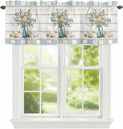 Kitchen Valances for Window, Ocean Starfish Conch Shell Eucalyptus Light Filtering Rod Pocket Valance Curtain, Colorful Wood Grain Short Curtains Window Topper for Bedroom Living Room 54x18in