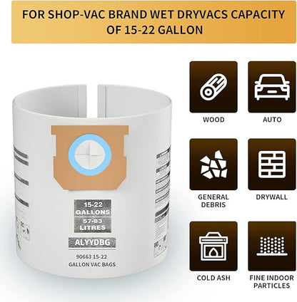 for Shop Vac Bags 15-22 Gallon, Type G 90663 9066300; Type J 90673 9067300 and VF2008 High-Efficiency Disposable Dust Collection Vacuum Filter Bags 5 Pack