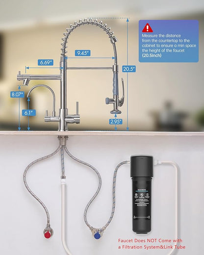 Fapully Commercial 3 Way Kitchen Faucets with Pull Down Sprayer and Water Filler,3 in 1 Kitchen Sink Faucet with Drinking Water Faucet Brushed Nickel