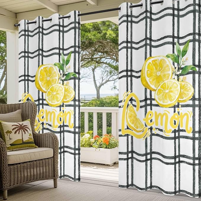 Lemon Outdoor Curtains for Patio Lemon Leaves Summer Plaid Buffalo Waterproof Outside Curtains with Grommet Top Weatherproof Curtain for Cabana Pergola Gazebo, 1 Panel, 54" W x 108" L